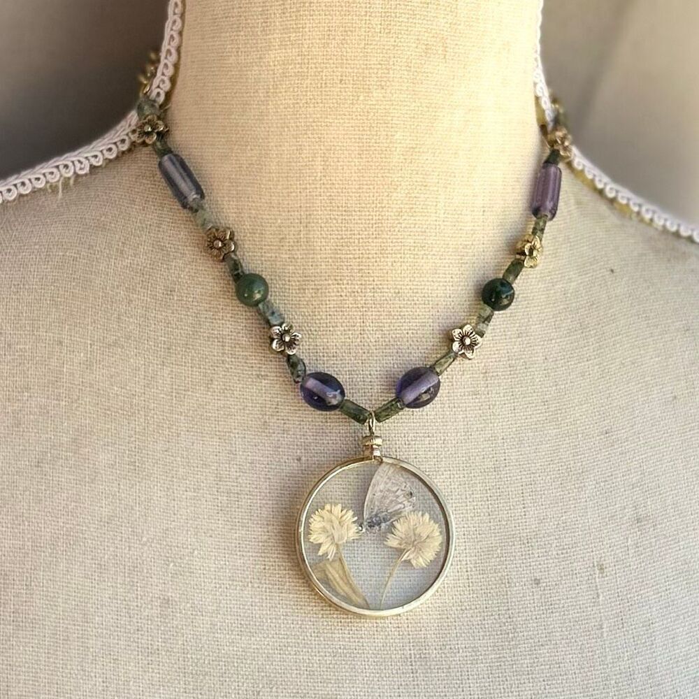 Vintage Butterfly Dried Flower Glass Pendant Beaded Necklace Purple Green Gold